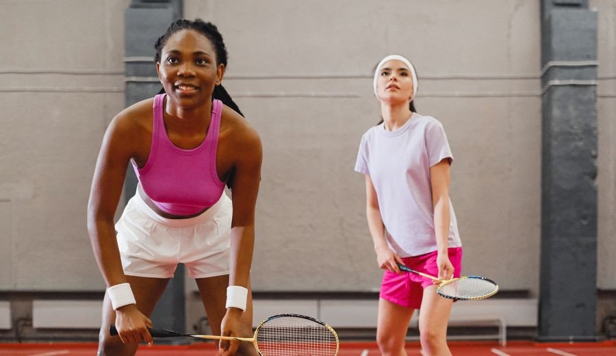 Badminton athletes in action